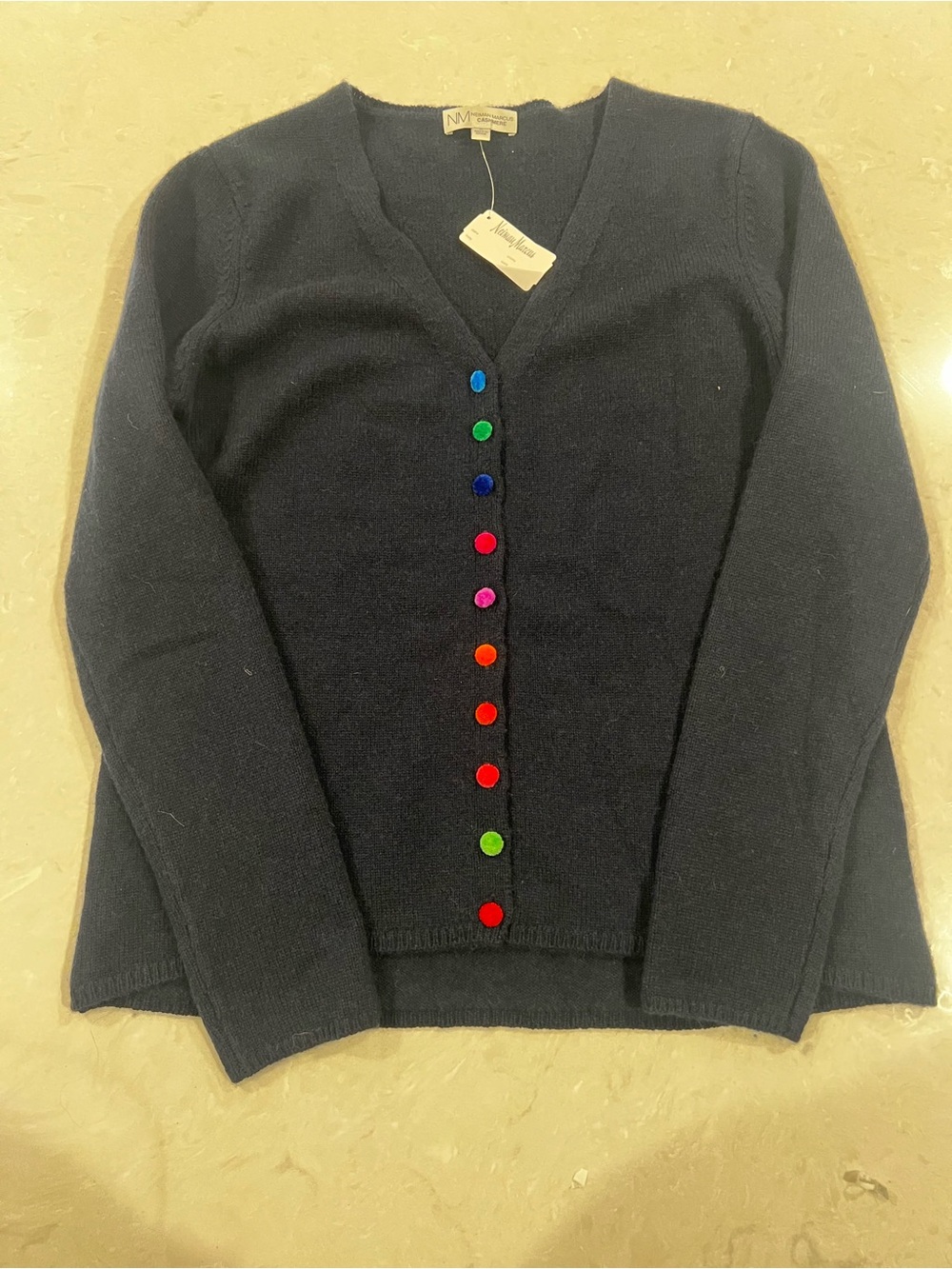 Neiman Marcus 100% Cashmere Navy Multicolor Button Cardigan M NWT